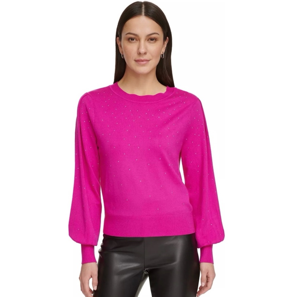 DKNY Pink Studded Crewneck Sweater Donna Karan Embellished Electric Pink Medium